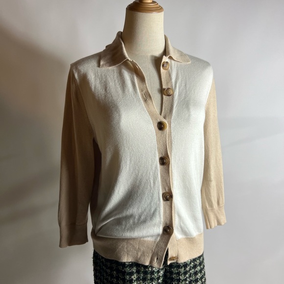 ANN TAYLOR Old Money Polo Cardigan Tan White 3/4 Sleeve Womens Small - Picture 2 of 8